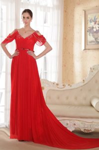 Best V-neck Open Sleeves Red Chapel Train Dress for Prom