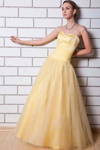 Simple A-line Tulle Taffeta Light Yellow Ruched Dress for Prom