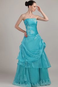 2014 Beautiful Column Strapless Blue Appliqued Prom Dresses