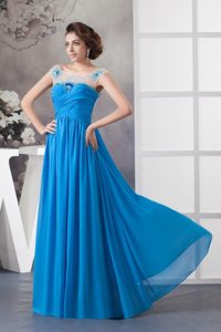 Popular Blue Ruched Long Dress for Prom with Rhinestones