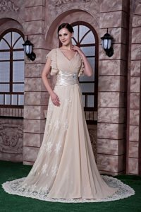 V-neck Ruched Cap Sleeves Champagne Long Prom Dresses