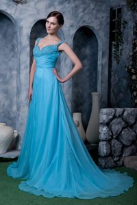 Backless Aqua Blue Beaded Prom Dress for Girls around 150
