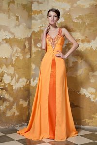 Clearance V-neck Ruched Orange Prom Dress with Rhinestones