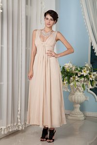 Inexpensive Champagne Ankle-Length Ruched Prom Dress