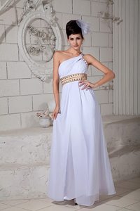 Dressy One Shoulder Long White Prom Dress with Rhinestones