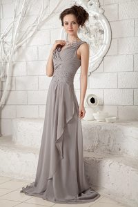 Cheap V-neck Ruched Beaded Gray Brush Train Dress for Prom
