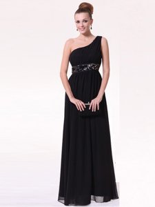 Luxurious Black One Shoulder Side Zipper Beading Prom Dresses Sleeveless