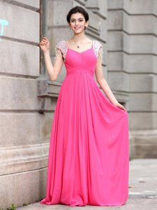 V-neck Cap Sleeves Zipper Prom Gown Hot Pink Silk Like Satin