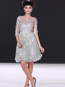 Modern Silver 3|4 Length Sleeve Knee Length Beading and Lace Zipper Homecoming Dress