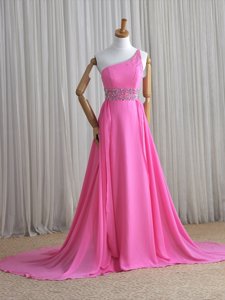Best Rose Pink Column/Sheath One Shoulder Sleeveless Chiffon Brush Train Lace Up Beading Prom Evening Gown