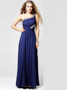 One Shoulder Blue Sleeveless Ankle Length Beading and Ruching Side Zipper Dress for Prom