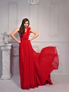 Top Selling One Shoulder Sleeveless Silk Like Satin With Train Court Train Lace Up Evening Dress in Red for with Hand Made Flower