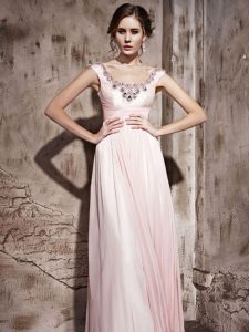 Dynamic Scoop Baby Pink Backless Dress for Prom Beading Sleeveless Floor Length