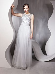 Beauteous Scoop Sleeveless Floor Length Beading Zipper Prom Party Dress with Silver