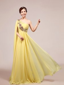 One Shoulder Appliques and Ruching Light Yellow Zipper Sleeveless With Train Sweep Train