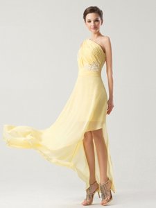 One Shoulder Sleeveless Chiffon Ankle Length Side Zipper Dress for Prom in Light Yellow for with Beading and Ruching