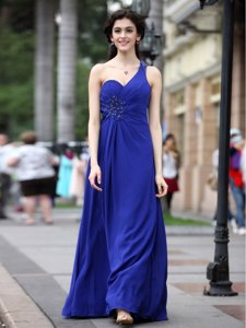 Charming One Shoulder Chiffon Sleeveless Floor Length Prom Evening Gown and Beading and Ruching
