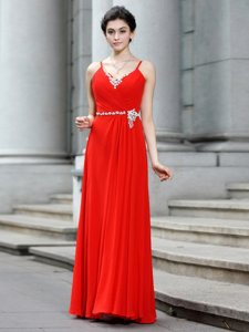 Coral Red Column/Sheath Chiffon Spaghetti Straps Sleeveless Beading Floor Length Zipper Prom Evening Gown