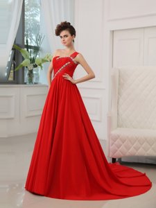 Stylish Silk Like Satin One Shoulder Sleeveless Court Train Zipper Beading and Ruching Prom Gown in Red