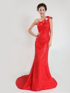 Sequins Coral Red Evening Dress One Shoulder Sleeveless Sweep Train Zipper