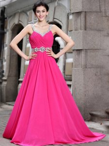 Extravagant Hot Pink A-line Beading Prom Gown Zipper Chiffon Sleeveless