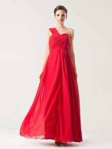 Fancy One Shoulder Red Zipper Evening Dress Ruching Sleeveless Floor Length