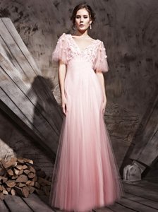 Deluxe Baby Pink Chiffon Zipper Prom Evening Gown Half Sleeves Floor Length Lace and Appliques