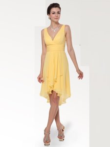 Pretty One Shoulder Sleeveless Chiffon High Low Zipper Prom Dress in Yellow for with Beading and Ruching