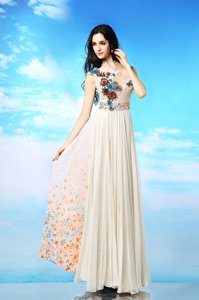 Fashion Scoop Chiffon Sleeveless Ankle Length Prom Dress and Appliques and Ruching and Pattern