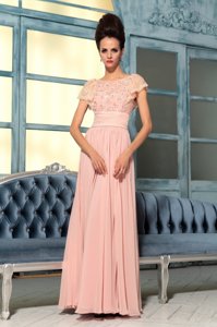 Bateau Cap Sleeves Side Zipper Prom Dresses Pink Chiffon