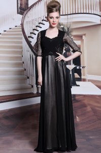 Black Zipper Prom Party Dress Lace and Pleated Half Sleeves Floor Length