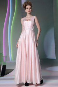 Low Price Scoop Baby Pink Sleeveless Floor Length Beading Zipper Prom Dresses