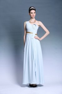 High Quality One Shoulder Sleeveless Backless Floor Length Ruching and Belt Dress for Prom