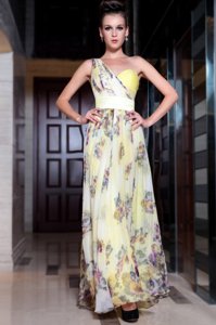 One Shoulder Light Yellow Sleeveless Floor Length Beading and Pattern Side Zipper Prom Gown