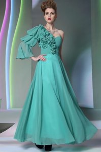 Hot Sale One Shoulder Turquoise Chiffon Zipper Dress for Prom Long Sleeves Floor Length Ruffles and Ruching