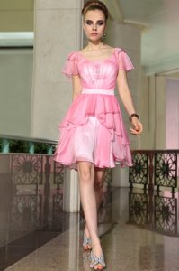 Cap Sleeves Chiffon Mini Length Side Zipper Prom Dresses in Rose Pink for with Belt