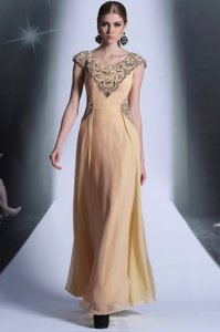 Dynamic Chiffon Scoop Cap Sleeves Side Zipper Beading and Appliques Prom Party Dress in Peach