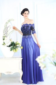 Lovely Scalloped Blue Half Sleeves Chiffon Zipper Prom Evening Gown for Prom and Party