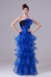 Strapless Ruched Royal Blue Prom Party Dress with Ruffled Layers