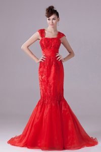 Stylish Square Red Beaded Red Prom Gown Dress in Camarillo