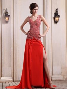 2014 New V-neck Beaded Slitted Red Prom Homecoming Dress
