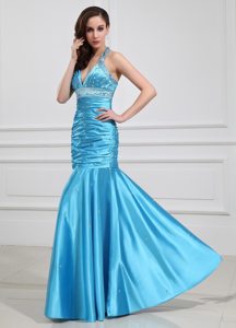 Beaded and Ruched Blue Halter Prom Cocktail Dress of Floor Length