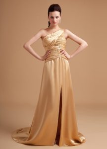 One Shoulder Beaded Slitted Champagne Prom Dress for Girls