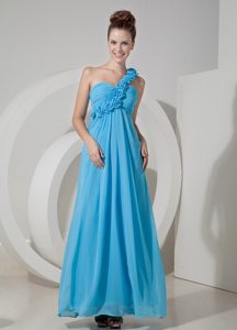 Flowery One Shoulder Ruches Prom Bridesmaid Dress of Ankle Length