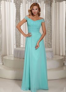 Aqua Blue Off Shoulder Prom Bridesmaid Dress with Beading Ruches