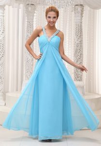 Beaded V-neck Ruched Chiffon Prom Bridesmaid Dress in Aqua Blue