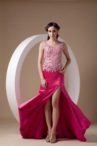 Scoop Neck Brush Train Fuchsia Appliqued Dress for Prom