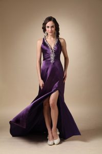 Eggplant Purple Halter Prom Pageant Dress with High Slit Beading