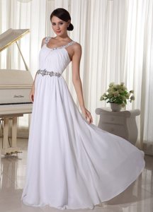 Beaded Straps and Waist White Chiffon Long Prom Pageant Dresses