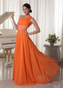 Beaded and Ruched Orange Red Prom Pageant Dress of Floor Length